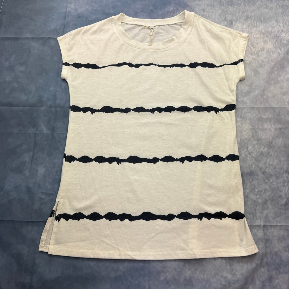 Sampeel T Shirt Womens Small White Black Striped Side Slit Relaxed Casual Tee